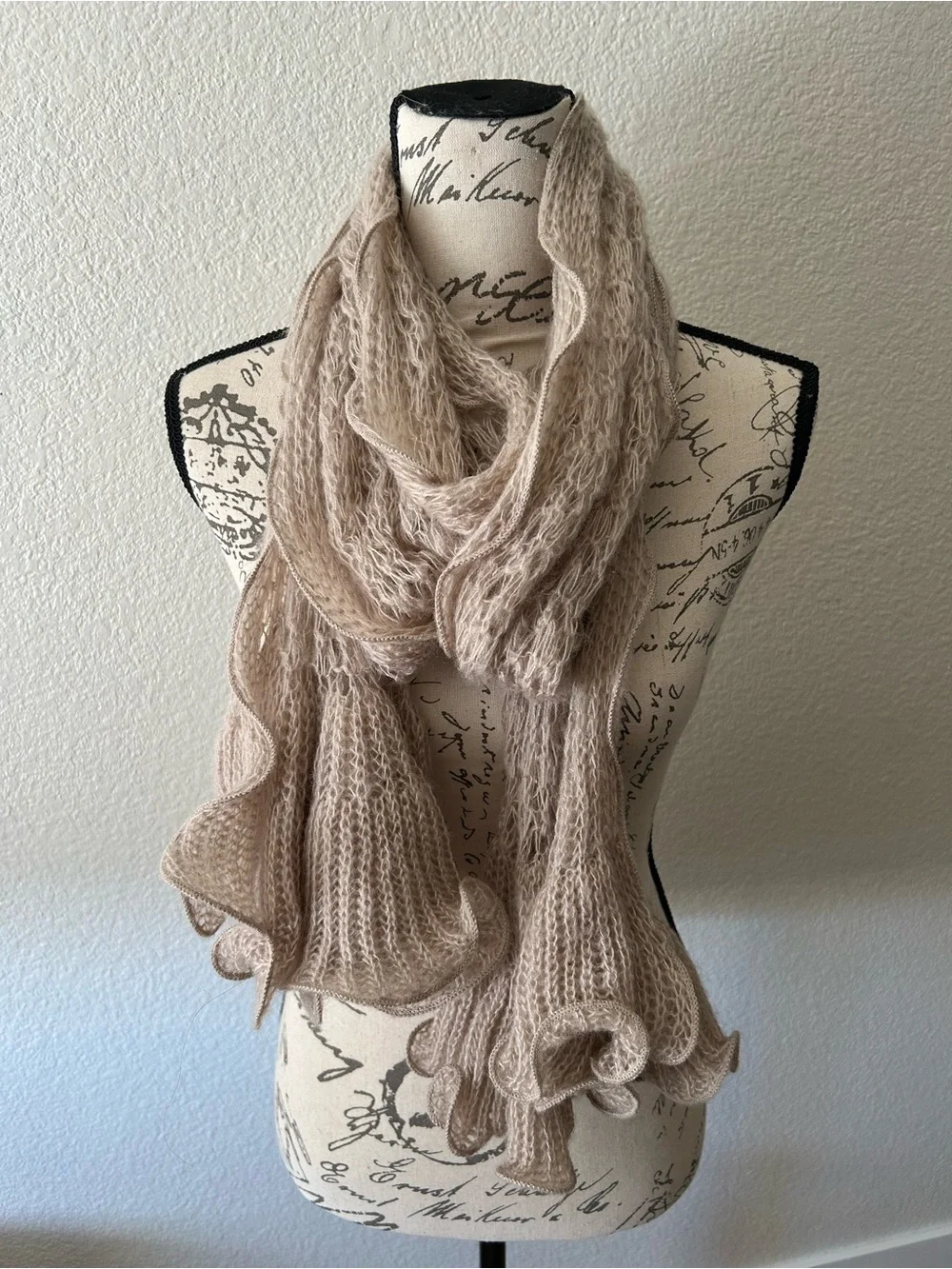 Source Unknown Beige Knit Fringe Scarf Wrap